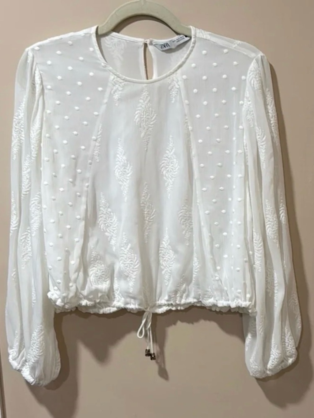 ZARA White Long Sleeve Crop Blouse with Tie - Size Small